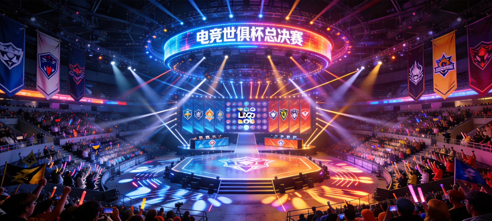电竞世俱杯总决赛舞台全景 灯光璀璨的巨型竞技场